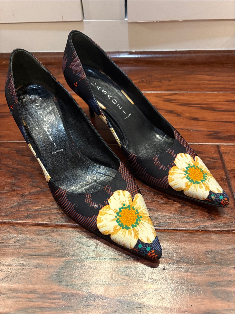 Casadei Navy Floral Pointed-Toe Pumps with Yellow Accents